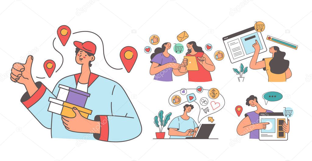 People man woman consumers making order in internet shop store. Online shopping delivery abstract concept isolated set. Vector flat modern style design illustration 