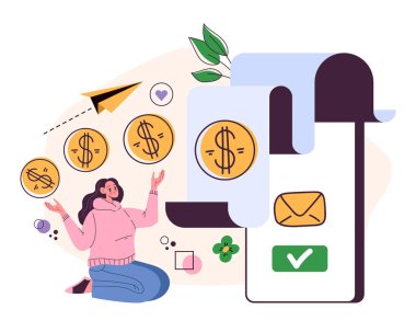 Ödeme bildirimi makbuzu mali işlem mobil banka finans bakiyesi. İnternet sitesi kağıt fatura konsepti. Vektör düz grafik tasarım çizimi