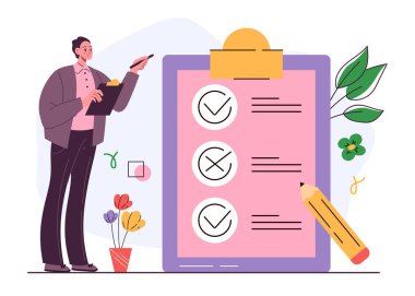İş adamı karakteri başarılı görev kontrol listesi tamamlandı. İşaretli liste organizasyon brifingleri ve anket kutusu konseptini kontrol et. Vektör düz grafik tasarım çizimi