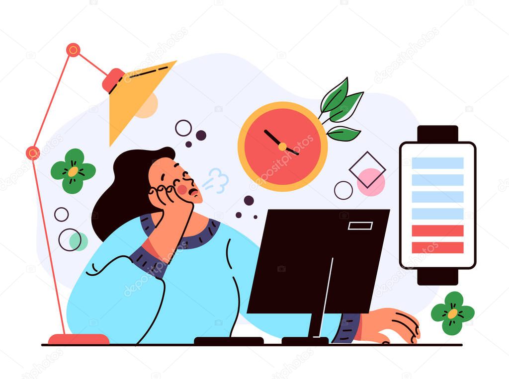 Professional burnout long working day. Hard working low battery energy charge concept. Vector flat graphic design illustration