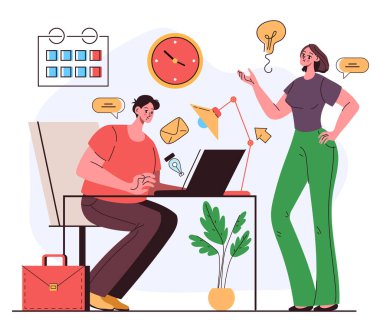 Ofis çalışanları erkek ve kadın iş arkadaşları birlikte çalışıyor ve yeni proje ve iyi bir fikir üzerinde tartışıyorlar. Takım çalışması iş planı kavramı. Vektör düz çizgi film grafik çizimi