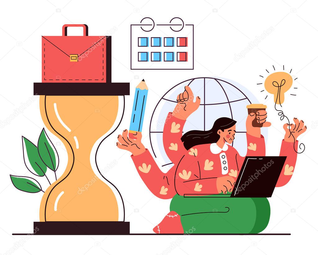 Business woman office worker character having many hands and working. Multitasking time management concept. Vector flat cartoon graphic illustration