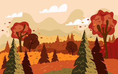 Sonbahar doğa manzarası grafik tasarımı el çizimi çizimi