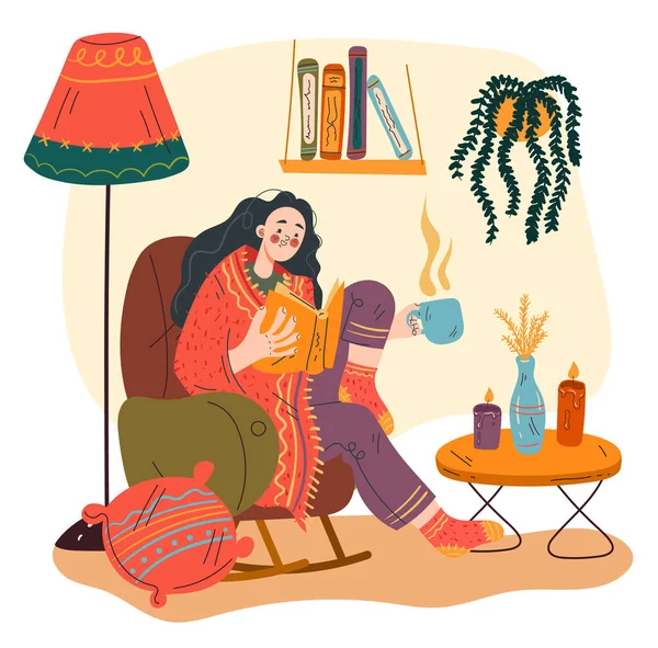 Femme Fille Personnage Assis Dans Canapé Maison Livre Lecture Illustration — Image vectorielle