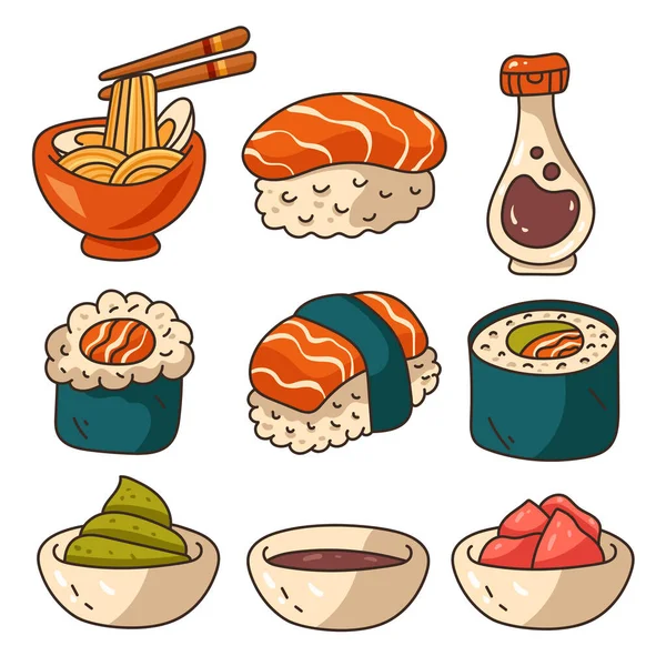 Set Aislado Arte Línea Pegatina Sushi Vector Plano Dibujo Animado — Archivo Imágenes Vectoriales