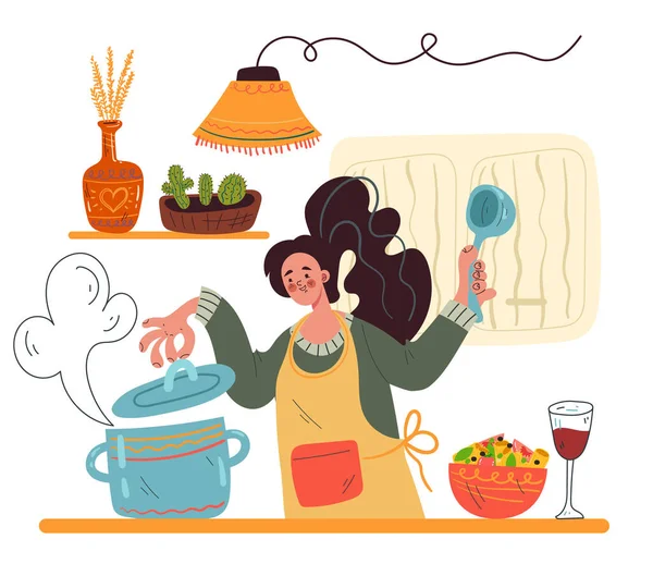Kadın Karakter Çorbası Pişirme Konsepti Mutfak Konseptinde Kalıyor Vektör Düz — Stok Vektör