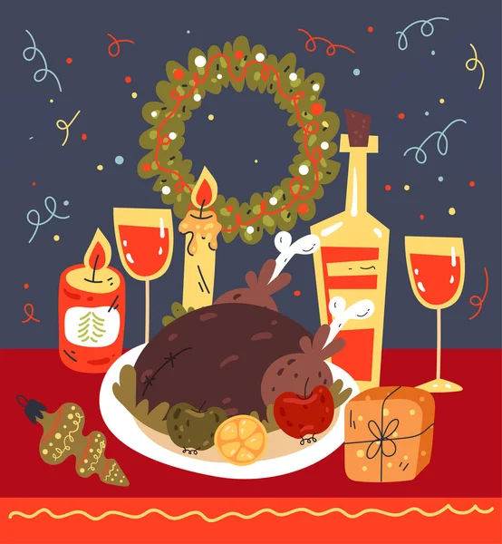 Weihnachten Abendessen Gericht Feier Karte Vektor Flach Grafik Design Illustration — Stockvektor