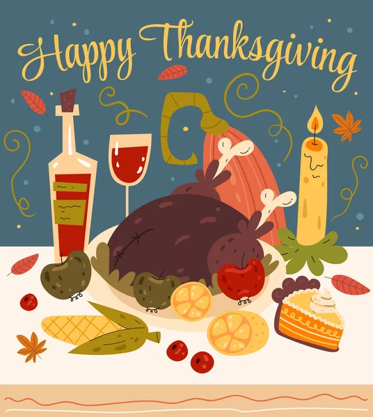 Dîner Thanksgiving Avec Illustration Graphique Plat Vecteur Dinde Citrouille — Image vectorielle