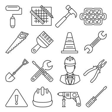 Vektör düz inşaat ve araçları Icons set anahat