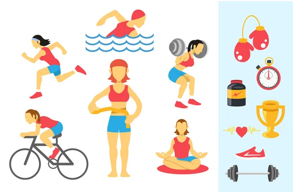 Infografías de deporte y fitness de vectores femeninos. Conjunto de icono plano de color — Vector de stock