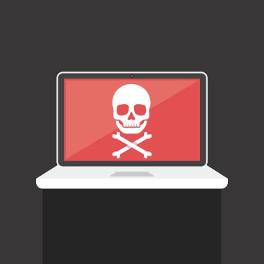 Vektör Laptop üstünde belgili tanımlık perde beyaz kafatası ile