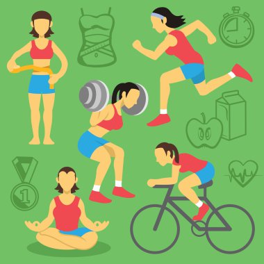 Vektör kadın fitness ve vücut geliştirme düz Icons set.