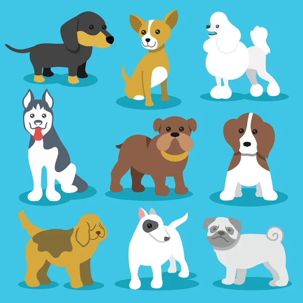 Vector honden Flat Icons Set geïsoleerd op blauwe achtergrond — Stockvector
