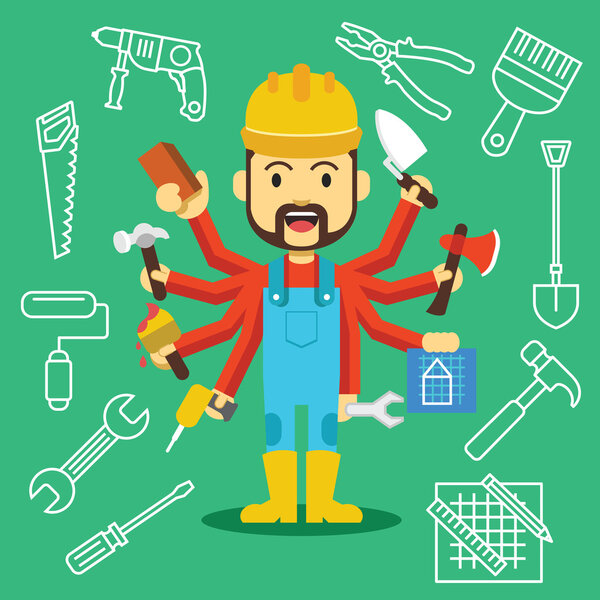 Векторный красавец-строитель с большим количеством рук
