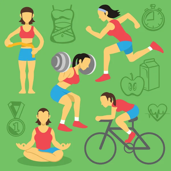 Conjunto de iconos planos de fitness y culturismo para mujeres vectoriales . — Vector de stock