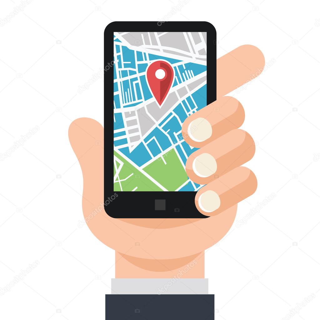 Vector Hand and Smartphone with Map Navigation App