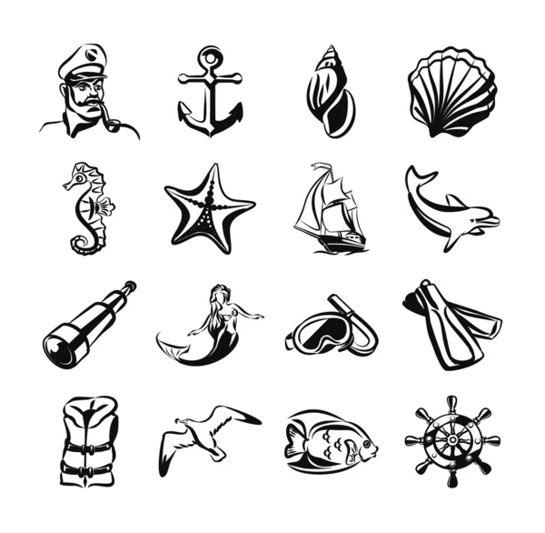 Deniz vektör siyah Icon set — Stok Vektör