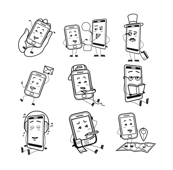 Set di icone nere per smartphone a cartoni animati — Vettoriale Stock