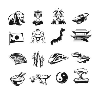 Japonya vektör anahat doodle sembol siyah Icons set