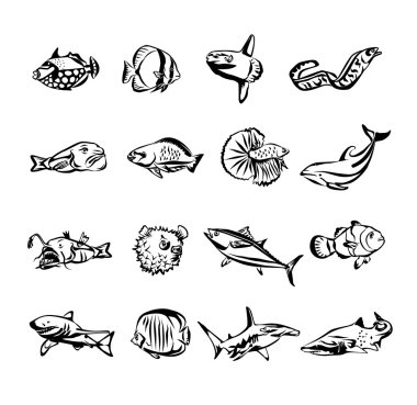 Vektör balık siyah Icon set