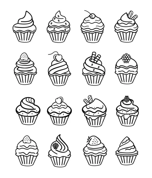 Vector cupcake negro doodle icono conjunto — Archivo Imágenes Vectoriales