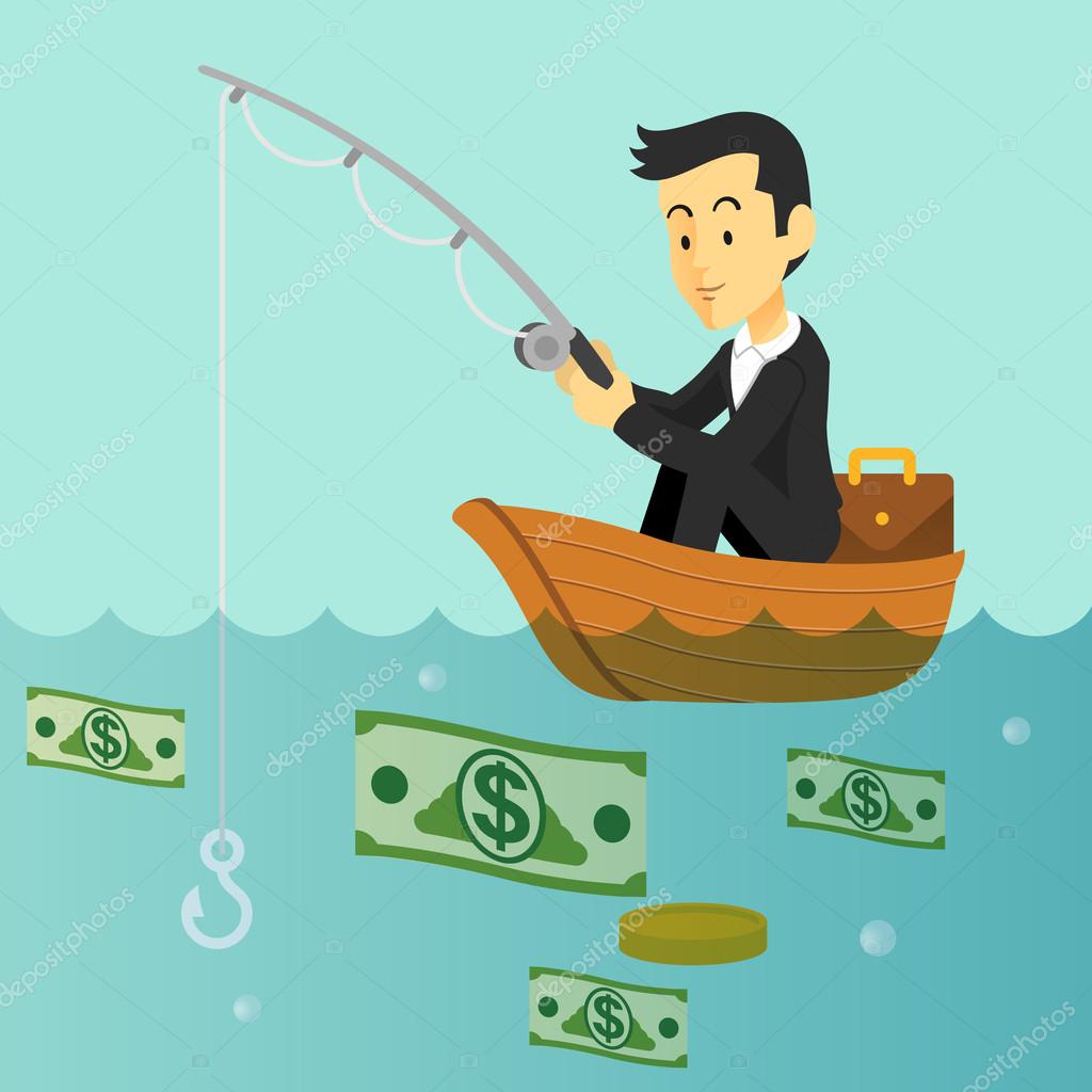 Businessman is fishing money. Vector flat illustration Stock Vector by  ©prettyvectors 63958747