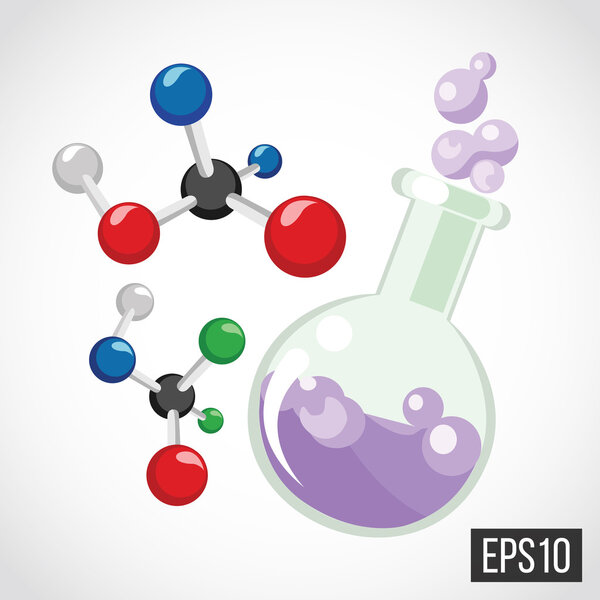 Laboratory flask and molecular structures