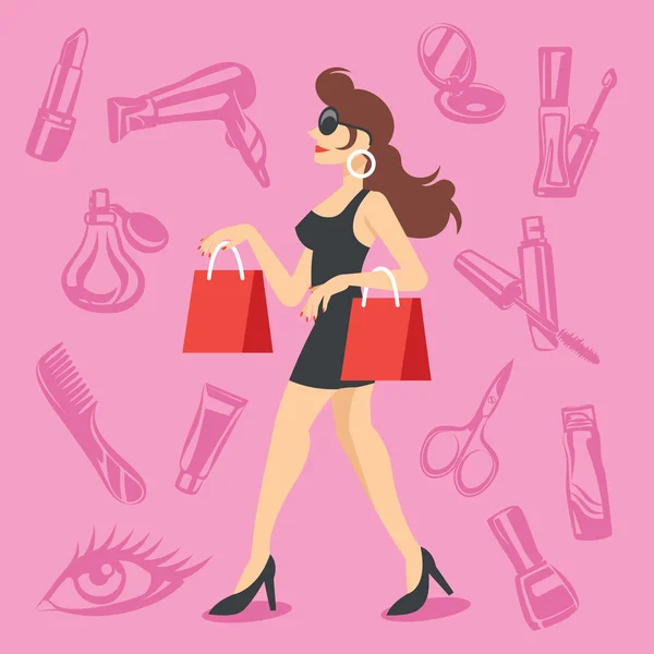 ショッピング バッグや化粧品のアイコン セットを持つ魅力的な女性 — ストックベクタ