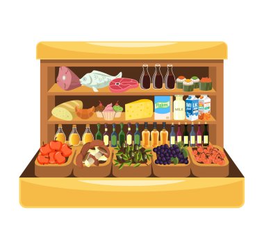 Süpermarket gıda ile raf. Vektör çizim