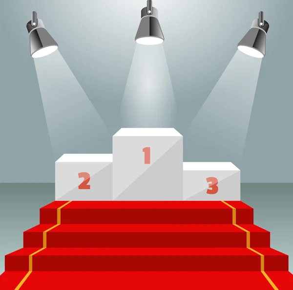 Pedestal ganador iluminado con alfombra roja — Vector de stock