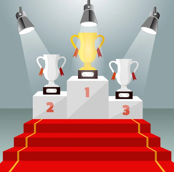Copa de oro. Pedestal ganador iluminado con alfombra roja. Ilustración vectorial — Vector de stock
