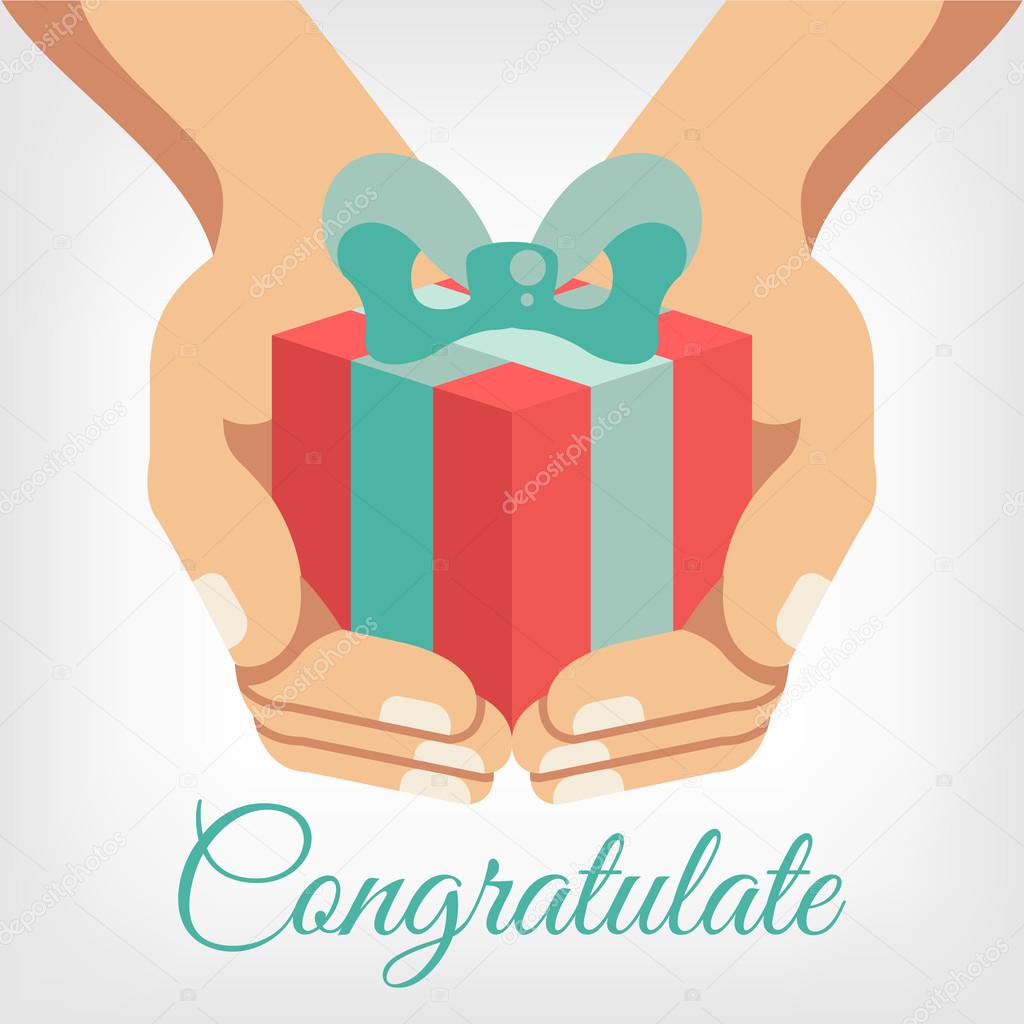 Vector congratulation flat illustration with gift box in hands