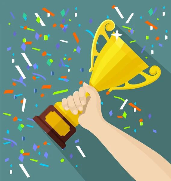 Gold Kupası elinde vektör. Düz illüstrasyon