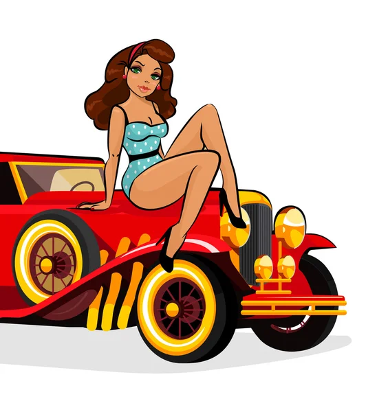 Vector pin up girl on a car — Stock Vector