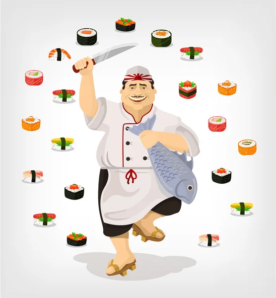 Chef japonês com sushi. Ilustração plana vetorial — Vetor de Stock