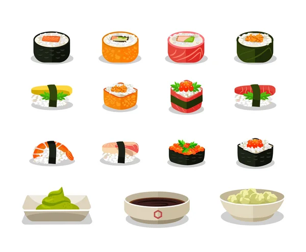 Conjunto de ícones planos de sushi vetorial — Vetor de Stock