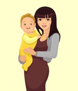 Genç kadın anne ile bebek. Vektör düz çizim