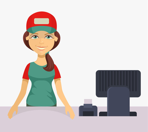 Vector cashier. Flat cartoon illustration