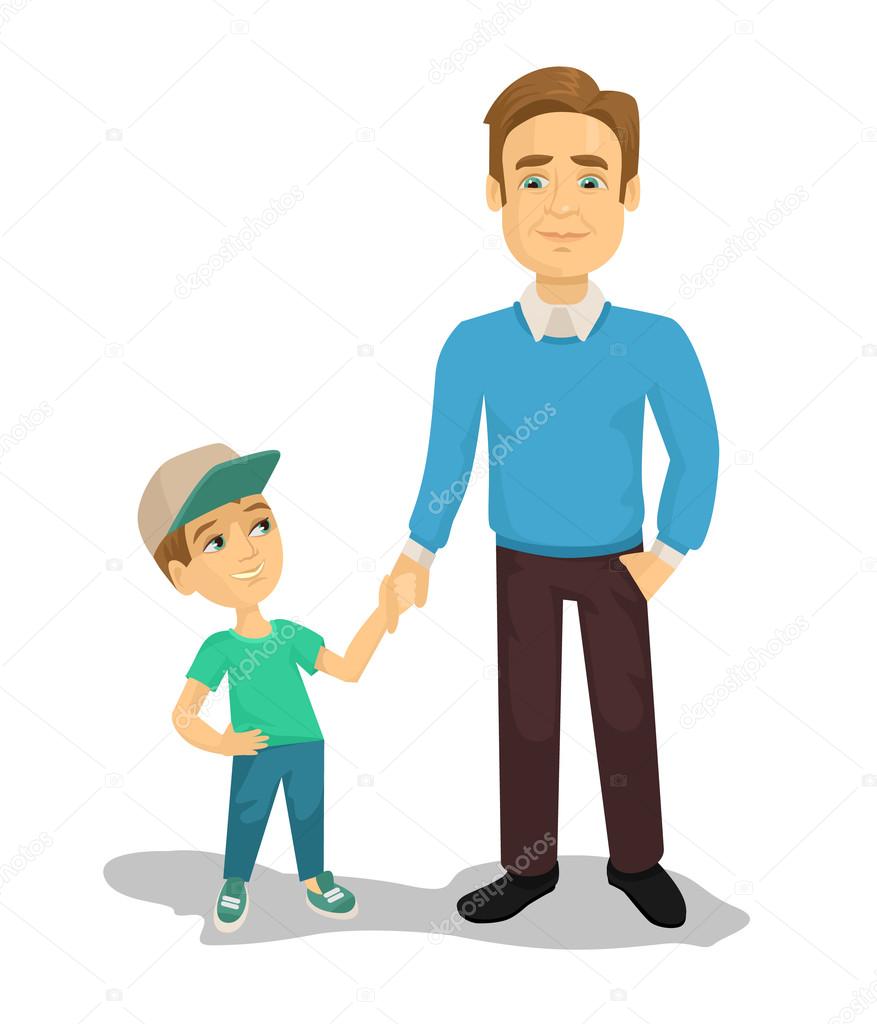 Vector father and son flat cartoon illustration