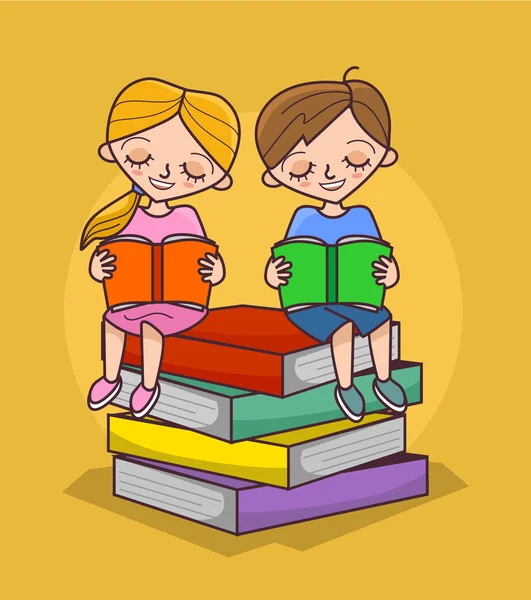 Los niños están leyendo libros. Vector plano ilustración de dibujos animados — Vector de stock