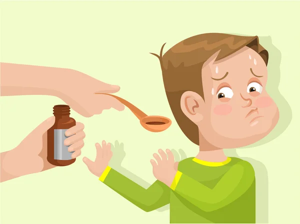 A criança não quer beber o medicamento. Ilustração plana vetorial —  Vetores de Stock