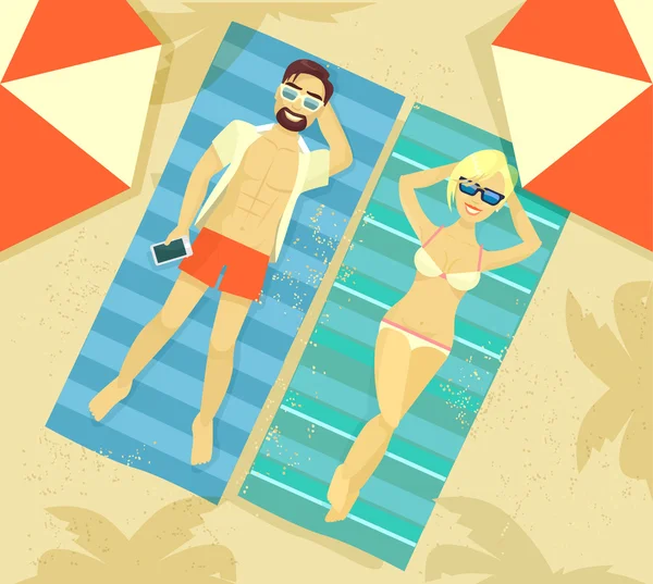 Hombre y mujer tomando el sol. Ilustración plana del vector — Vector de stock