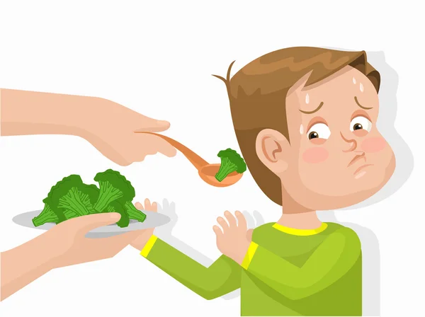 Il bambino non vuole mangiare broccoli. Illustrazione piatta vettoriale — Vettoriale Stock