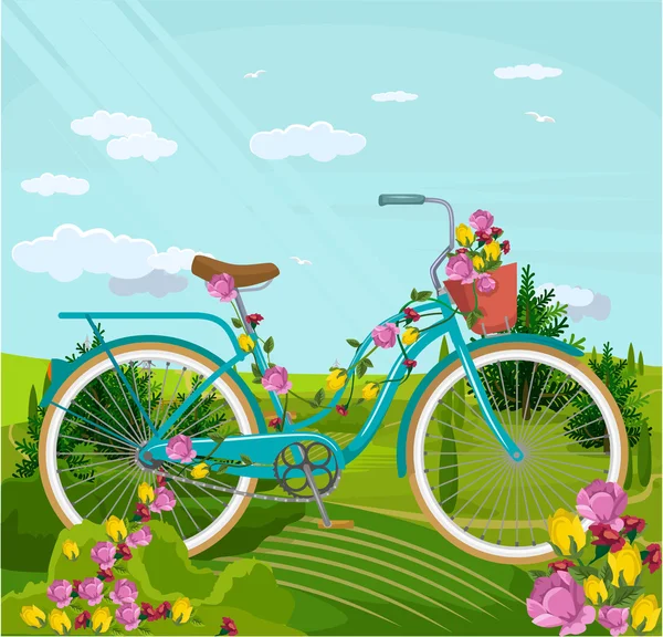 Bicycle with flowers in park. Vector flat cartoon illustration — Stock Vector