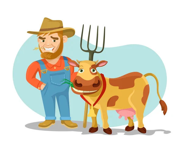 Vector vaca y agricultor plano ilustración de dibujos animados — Vector de stock