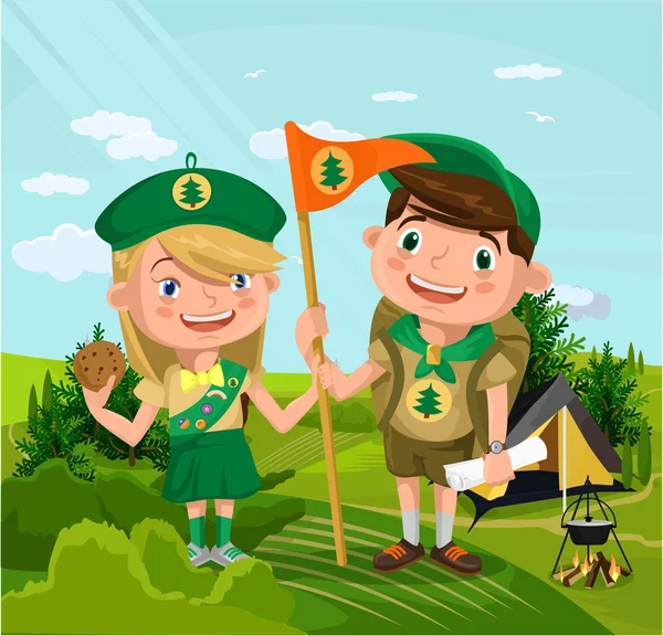 Summer camp with boy and girl. Vector flat cartoon illustration — Stock Vector