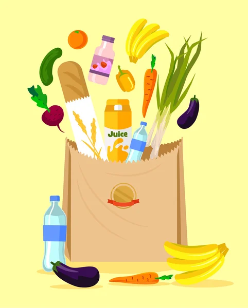 Χαρτί τσάντα με τα τρόφιμα. Επίπεδη εικόνα διάνυσμα — Διανυσματικό Αρχείο