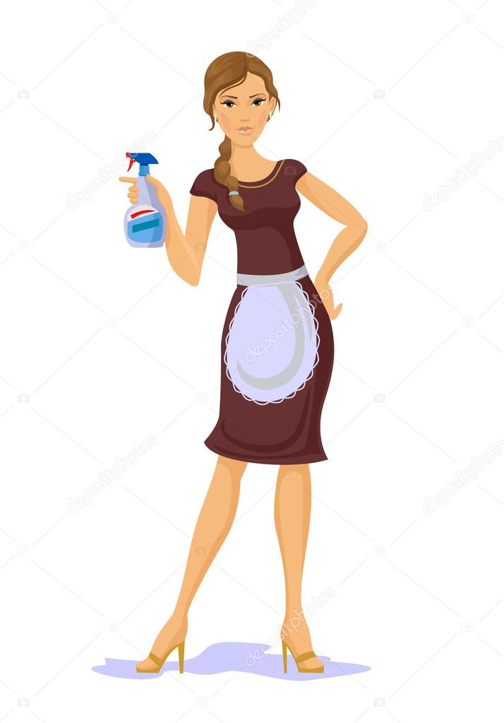 Vector housewife with spray bottle flat illustration