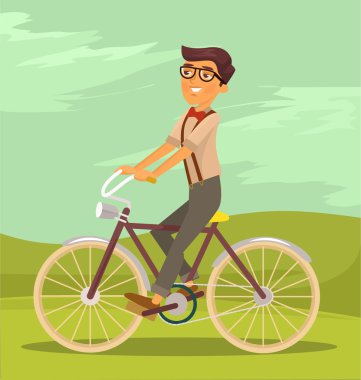 Adam bisiklete biniyor. Vektör düz çizgi film illüstrasyon