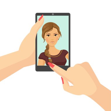 Kız selfie alıyor. Vektör düz çizim